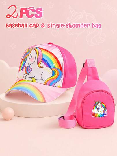 2PCS Kids Cartoon Rainbow Unicorn Print Baseball Cap + Comfortable One Shoulder Chest Bag Set, Lightweight Duck Bill Cap, Adjustable Shoulder Strap Crossbody Bag, Suitable For Kids Daily School, Outdoor Travel And Casual Wear