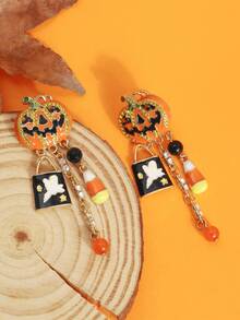 1 Pair New Halloween Earrings For Women, Creative Pumpkin Head & Ghost Pendant, Asymmetrical Design Stud Earrings - Multicolor - View 5