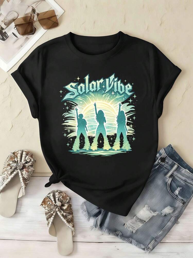 Solar Vibe Graphic Women's T-Shirt, Autumn Casual Style, Soft Cotton, Loose Fit, Breathable, Casual Style, Eye-Catching Print, New Arrival. - 黑色 - 查看 2