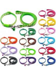 1 Set Multicolor Paw Print Pet Collar & Leash Set, Adjustable Soft Nylon Dog Cat Walking Traction Rope, Durable Puppy Kitten Outdoor Walking Supplies - Multicolor - View 1