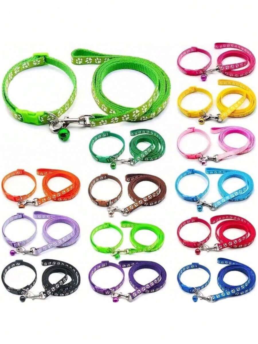 1 Set Multicolor Paw Print Pet Collar & Leash Set, Adjustable Soft Nylon Dog Cat Walking Traction Rope, Durable Puppy Kitten Outdoor Walking Supplies - Multicolor - View 1