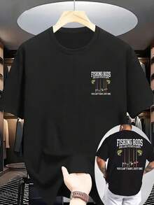 Nueva camiseta casual de verano para hombre, cuello redondo acanalado, mangas cortas, tejido de punto fresco y cómodo, estampado a doble cara con motivos de caña de pescar y peces, disponibl - Negro - Ver 2