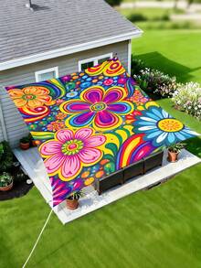 1pc Plant Leaf Floral Print Design Sunshade Awning, Outdoor Shade Cloth And Canopy, 2D Flat Printed Tent, Washable, Suitable For Garden, Camping, Beach, Yard, Poolside And More, Poles Not Included - Multicolor - View 1