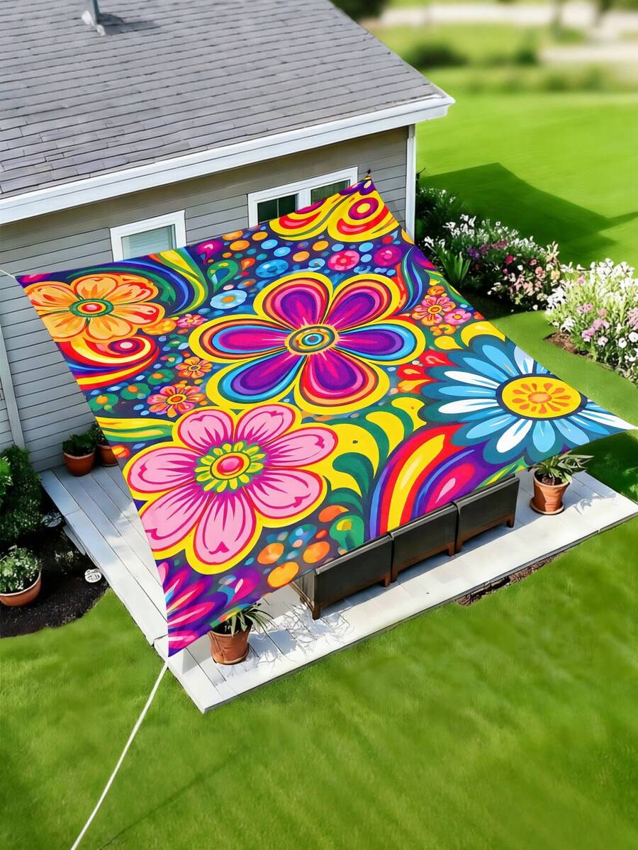 1pc Plant Leaf Floral Print Design Sunshade Awning, Outdoor Shade Cloth And Canopy, 2D Flat Printed Tent, Washable, Suitable For Garden, Camping, Beach, Yard, Poolside And More, Poles Not Included - Multicolor - View 1