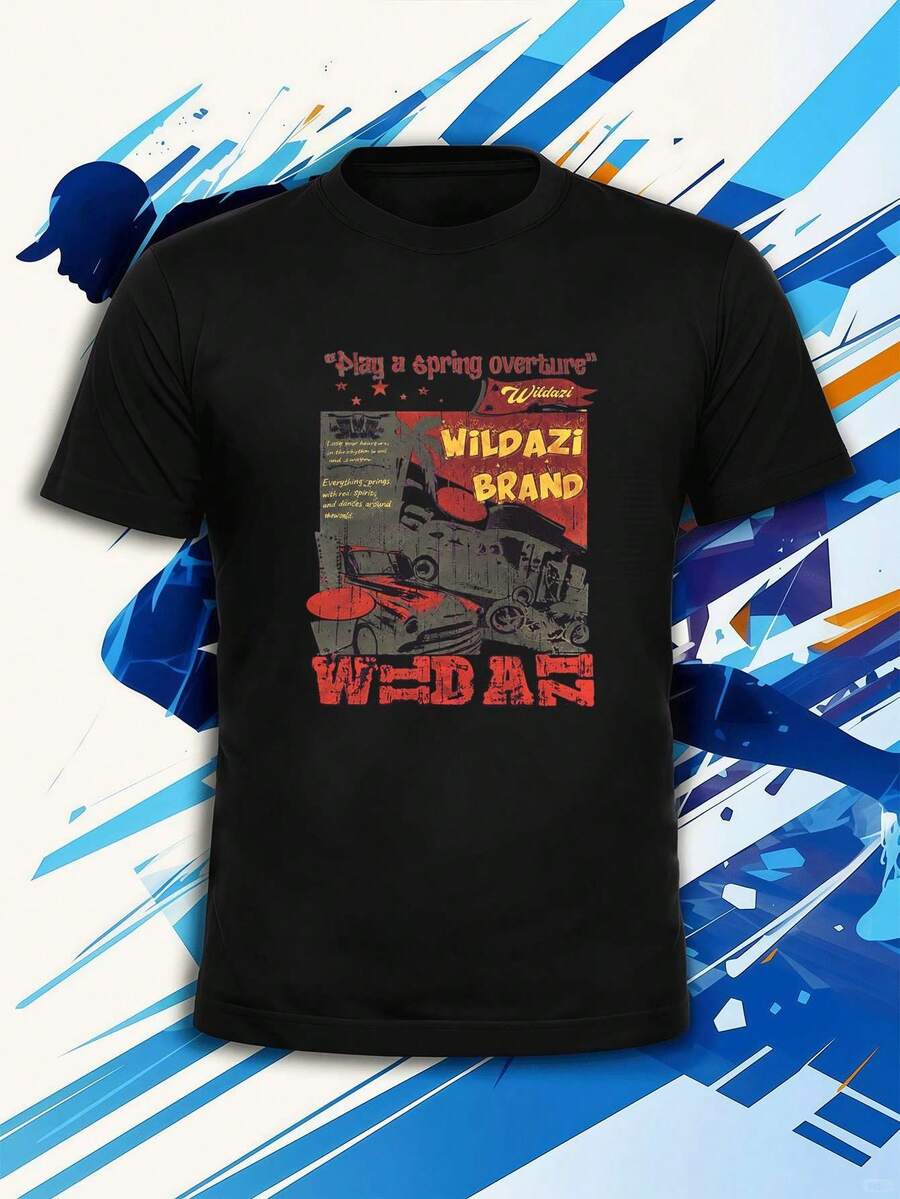 Camiseta de h om bre estilo streetwear vintage con estampado gráfico, de algodón suave, corte relajado, informal, cómoda, estampado gráfico único, nuevo lanzamiento. - Negro - Ver 1