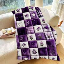 Autumn/Winter Flannel Heart & Floral Patchwork Blanket, Soft Skin-Friendly Double-Sided Flannel Throw, All-Season Use For Bedroom, Living Room, Sofa, Office Nap, Romantic Purple Heart Embroidery + Floral Print Patchwork Design, Gentle Healing Atmosphere, Fine Plush Lock-In Warmth, Non-Irritating, Suitable For Home Leisure/Office Break/Travel, Women's Day Gift - Multicolor - View 10