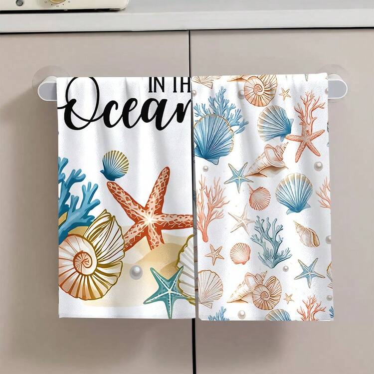 2/4/6pcs Set, Dish Towel, Shell And Starfish Pattern Printed Towel, Kitchen Cooking And Baking Tea Towel, Dishcloth, Cleaning Towel, Hand Towel, Tea Towel, Super Soft And Highly Absorbent, Kitchen Decor, Kitchen Accessories, Daily Necessities, Life Essentials. - Multicolor - View 7