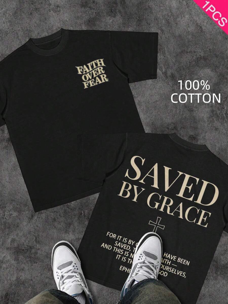 Men's Christian T-Shirt "FAITH OVER FEAR" | Psalm 118:6 Design | Inspirational Streetwear | 100% Cotton | Unisex Fit | Ideal Gift For Believers - 藍白色 - 查看 1
