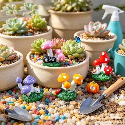 Animal Mushroom Cluster Moss Micro Landscape Resin Ornament Cartoon Mushroom DIY Resin Mini Figurine, Suitable For Home Decor, Garden Pot Decoration, Succulent Bonsai Decoration