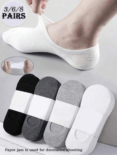 3/6/8 Pairs Women's Spring/Summer Black/White/Grey Solid Color Casual Comfortable Minimalist Invisible Boat Socks Suitable For Home, Office, Daily Wear