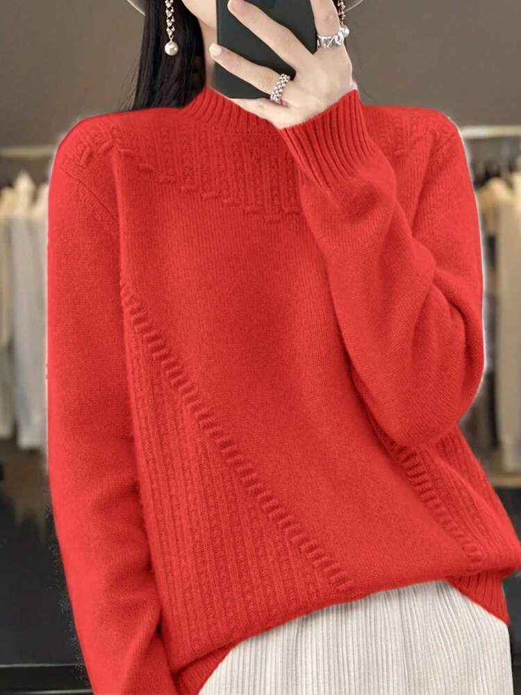 Plus Size Solid Color Turtleneck Knit Sweater Long Sleeve Casual Pullover Elegant Warm Top Suitable For Spring Winter Daily Wear And Vacation - Red - View 3