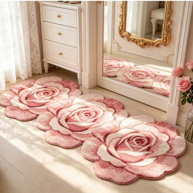 1pc Pink Rose Patchwork Rug, Thickened Carpet, Thick Rug, Plush Carpet, Autumn/Winter Carpet, Thickened Carpet, Decorative Rug, Bedroom Decor - Multicolor - View 2