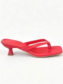 Sandalias tipo chanclas de tacón kitten con punta cuadrada de unicolor minimalista para vacaciones y uso al aire libre - Rojo - Ver 5