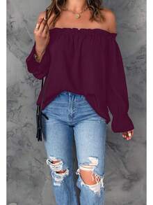 Spriolim - Blusa de gasa de manga larga con volantes y hombros descubiertos para mujer - 29 Boho Naranja - Ver 3