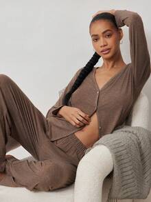 Ocili Conjunto de ropa de estar en casa minimalista y cómodo para mujer, con cuello en V holgado, ropa de invierno - Verde oscuro - Ver 24