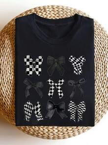 Men'S Black & White Checkered Bow Tie Graphic T-Shirt - Stretch Medium Weight Fabric, Loose Fit Round Neck Short Sleeve, All-Season Casual Shirt With - Black - View 1