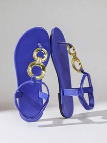 Sandalias Romanas Planas con Correa de Tobillo, Anillo Doble Dorado y Azul Klein, Versátiles para Mujeres en Ocasiones de Playa, Citas, Vacaciones y Desplazamientos - Azul - Ver 9