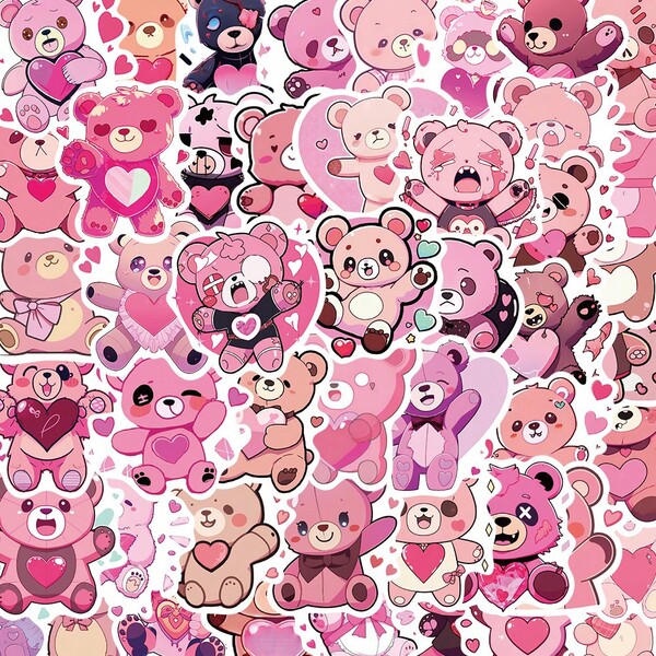 Paquete de 50 pegatinas con temática de corazón rosa y osito de peluche lindo, calcomanías ilustradas de osos de dibujos animados con múltiples expresiones dulces, pegatinas decorativas para botella de agua, portátil, equipaje, patineta, diario, álbum de recortes, adorno personalizado DIY y colección de pasatiempos.