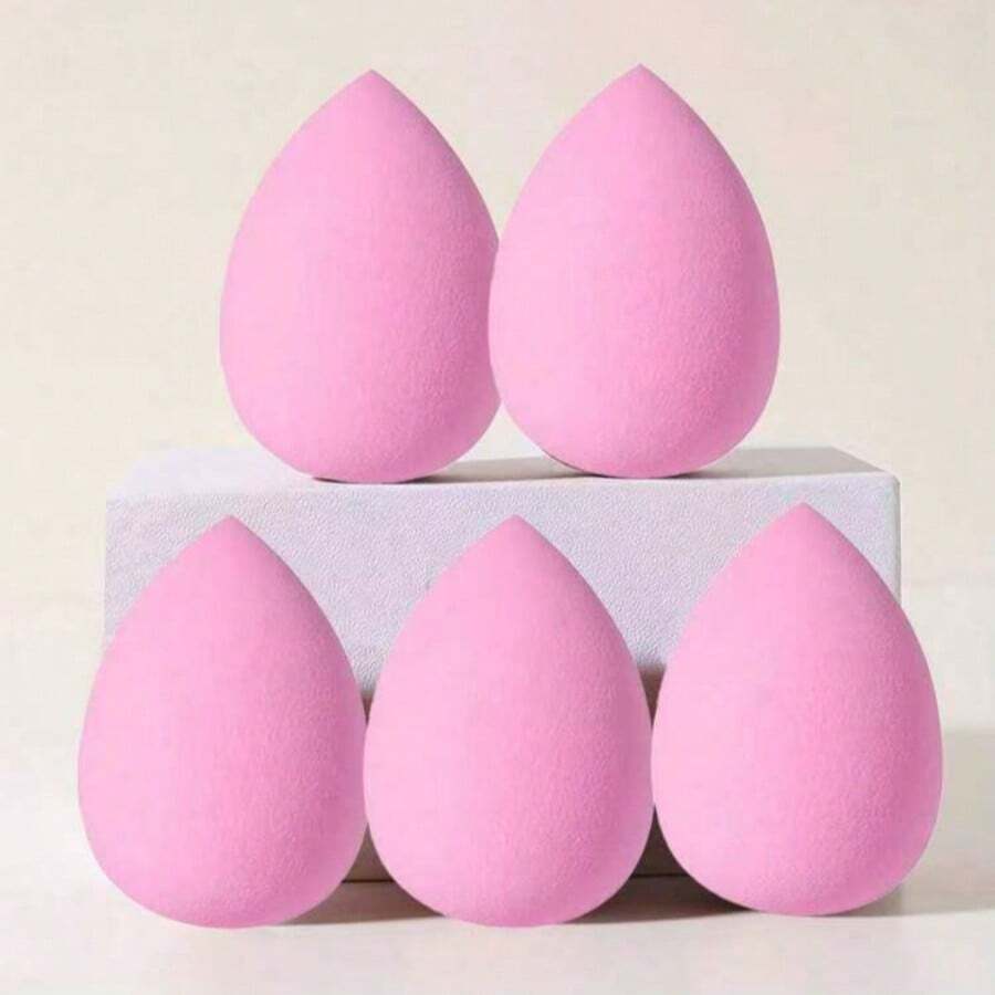 5入粉色水滴形美妝粉撲,乾濕兩用化妝海綿,無乳膠底妝暈染海綿,適用液體、乳霜、遮瑕膏,柔軟無瑕美妝工具 - 彩色 - 查看 1