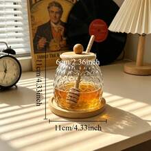 Clear Honeycomb Glass Honey Jar With Wooden Honey Stick & Bamboo Base Airtight Honey Storage Pot Decorative Honey Container For Home Coffee Shop Breakfast Table Decor - Multicolor - View 3