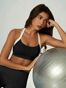 UONNOU 2pcs/Set Women's Spring/Summer Seamless Soft Sports Set, Contrast Trim Halter Backless Sports Bra + High Waist Tummy Control Peach Butt Lifting Shaping Leggings - Black - View 6
