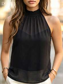 Women Elegant Summer-Halter Neck Black Blouse-Blouse Sheer Mesh Back Tie Flowy,Lightweight Breathable Chiffon Suitable For Summer Daily,Party & Beach - Black - View 2