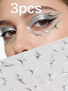 3/1pc Metallic Silver Starburst Face Sticker - Cyberpunk Y2K Decorative Decal, Waterproof Sticker Suitable For Halloween, Cosplay, Festivals And Carnival Parties, Futuristic Alien Eye Decoration, Easy To Apply And Remove, Long-Lasting Shiny - Multicolor - View 7