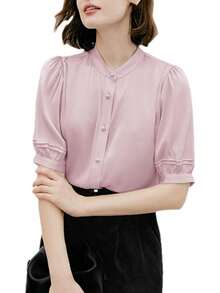 Blusa de manga corta con cuello alto y seda para mujer con pliegues y botones para oficina - Negro - - Ver 10