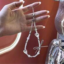 Crystal Transparent Heart Beaded Silver Bow Phone Lanyard Anti-Loss Wrist Strap Portable Personalized Phone Strap Beaded Bag Charm Keychain - White - View 3