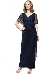 Alex Evenings - Vestido Largo para Madre de la Novia con Mangas voladas para Mujer con Cintura Imperio Fruncido (Tallas pequeñitas y Normales) - Malla azul eléctrica - Ver 12