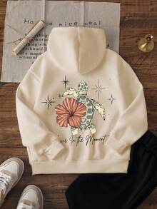 1pc Tween Girls Hooded Sweatshirt, Back Holiday Style Print Top, Hibiscus Flower Sea Turtle Star Pattern Loose Fit Pullover Sweatshirt, Healing Artistic Casual Everyday Wear - Apricot - View 3