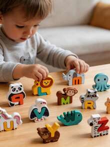 Wooden Animal Alphabet & Dinosaur Number Matching Blocks, Montessori ABC Letter Counting Learning Toy, Educational Word Spelling Puzzle Game, Fine Motor Skills Toy - Multicolor - View 5