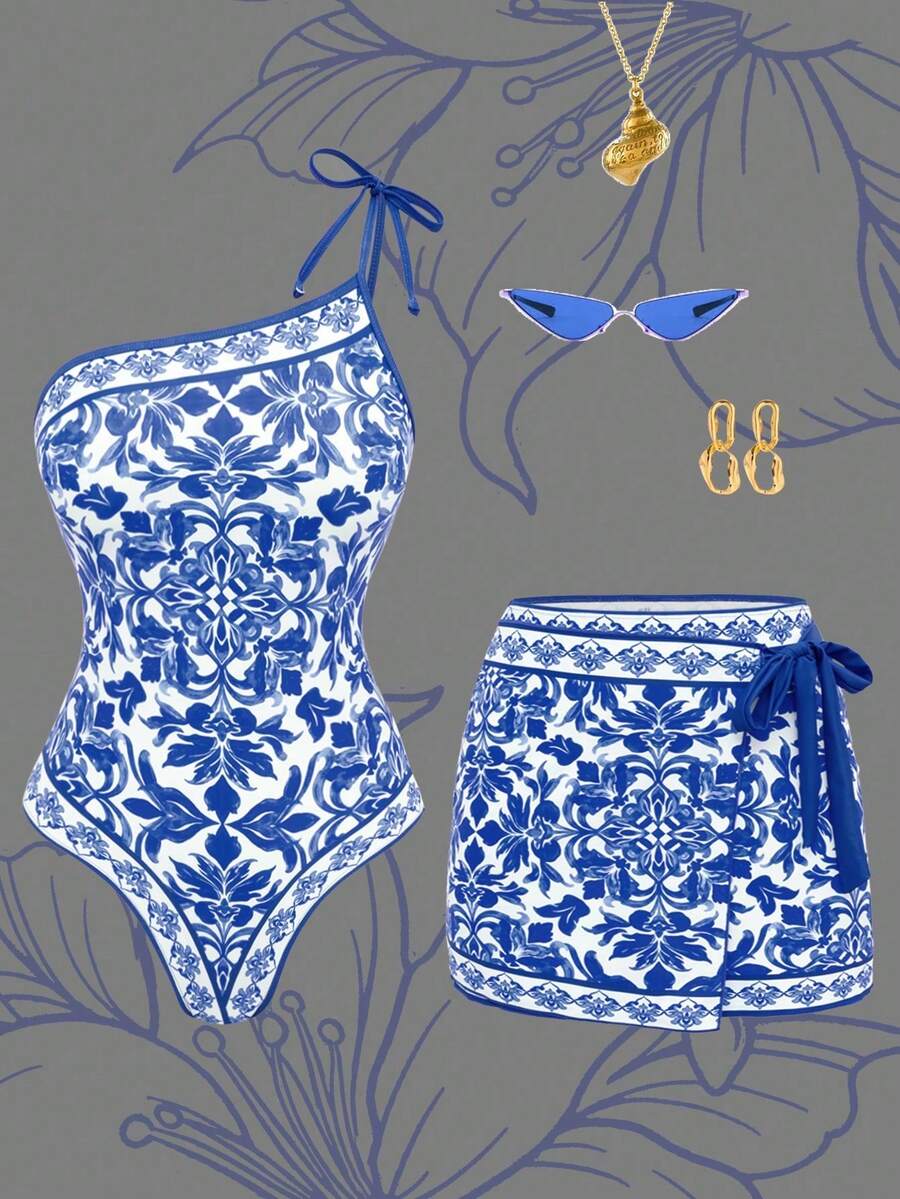 Swim Oasis Traje de baño de una pieza sexy 2026 nuevo, conjunto de 2 piezas de vestido de playa impreso de poliéster para vacaciones - azul real - Ver 1