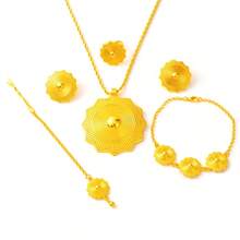 5pcs/Set Women's Jewelry Set Golden Color Geometric Pendant Necklace Earrings Ring Bracelet Head Chain African Saudi Arabian Bride Traditional Jewelry Gift - A - View 7