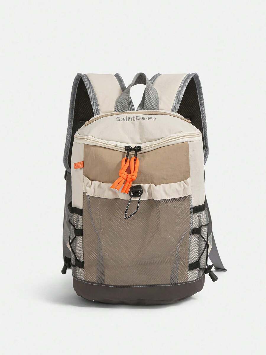 Functional Outdoor Backpack | Unisex Nylon Bag With Khaki Color Blocks, Mesh Pocket & Contrast Straps | Hiking/Sports/Outdoors - 軍綠色 - 查看 1