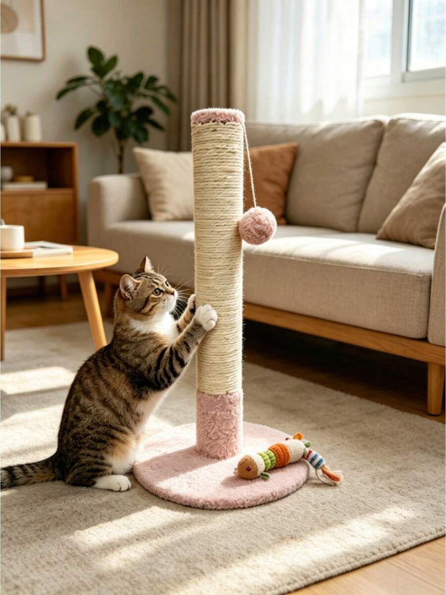 Vertical Sisal Cat Scratching Post - Equipped With Hanging Plush Ball, Stable Round Base, Scratch And Wear Resistant, Indoor Kitten Climbing Tower, Anti-Slip Cat Nail Grinding Toy - Multicolor - View 1