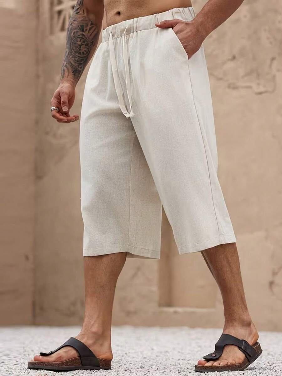 Men's Solid Color Minimalist Linen Capri Pants, Suitable For Beach, Vacation, Beach Party Style - Beige - View 1