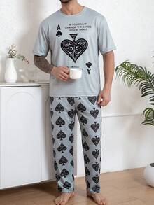 Men's Plus Size Fashion Pajama Set, Summer Round Neck Pullover Simple Thin Short Sleeve Long Pants Comfortable Casual Homewear - Multicolor - View 2