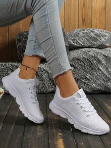 Sepatu Sneakers Kasual Wanita Warna Polos, Berbahan Jaring Bernapas, Bagian Depan Bertali, Sol Lembut, Serbaguna, Modis untuk Beraktivitas di Luar Rumah - Putih - View 2