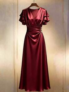 coración de botones para mujer, vestido de seda, vestido ajustado de satén, vestido de satén champán, vestido largo de fiesta, vestido de seda elegante, vestido de lujo, vestido estilo diosa - Burdeos - Ver 1