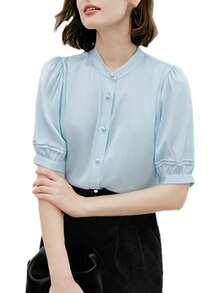 Blusa de manga corta con cuello alto y seda para mujer con pliegues y botones para oficina - Negro - - Ver 14