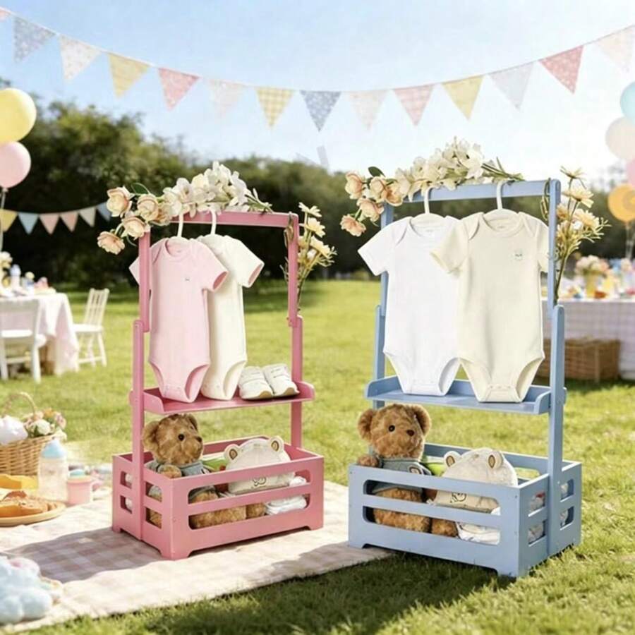 1pc Wooden Baby Storage Basket With Hanging Rod And Storage Bin, Multi-Functional Storage Rack For Baby Room Clothes And Toys - Watermelon Pink - View 1