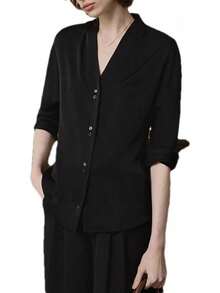 Blusa de seda con cuello en V para mujer, de manga larga, formal, brillante - Azul - Ver 11