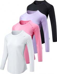 Paquete de 4 camisetas de manga larga para mujer con agujeros para el pulgar, camisetas de entrenamiento atléticas de ajuste seco con cuello redondo - a/Verde Menta/Melocotón Suave/Amarillo Mantequilla - Ver 14