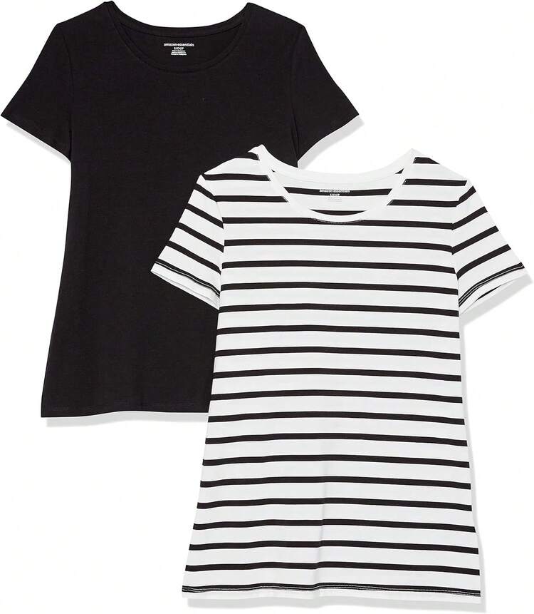 Camiseta de manga corta con cuello redondo de corte clásico  Essentials para mujer - Blanco/Negro - Añade 11