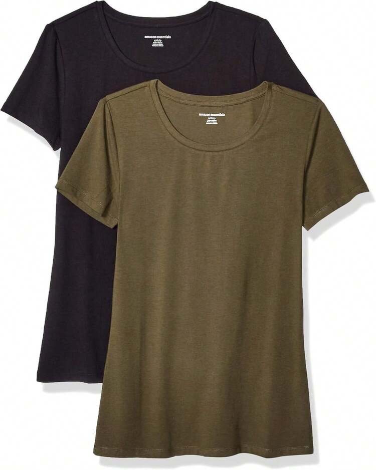 Camiseta de manga corta con cuello redondo de corte clásico  Essentials para mujer - Negro/Color Carbón Mezcla/Azul Marino/Blanco - Añade 23