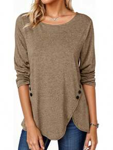 Fisoew - Blusa casual de manga larga para mujer, cuello redondo, botones laterales - Rosa - Ver 13