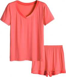 Latuza - Conjunto de Pijama de Manga Corta con Cuello en V para Mujer - Violeta - Ver 10
