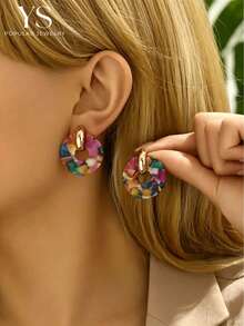 1pair Fashionable Acetate Round Circle Earrings, Colorful Elegant Stud Earrings For All Seasons, Daily Jewelry Accessory For Women - Colorful - View 1