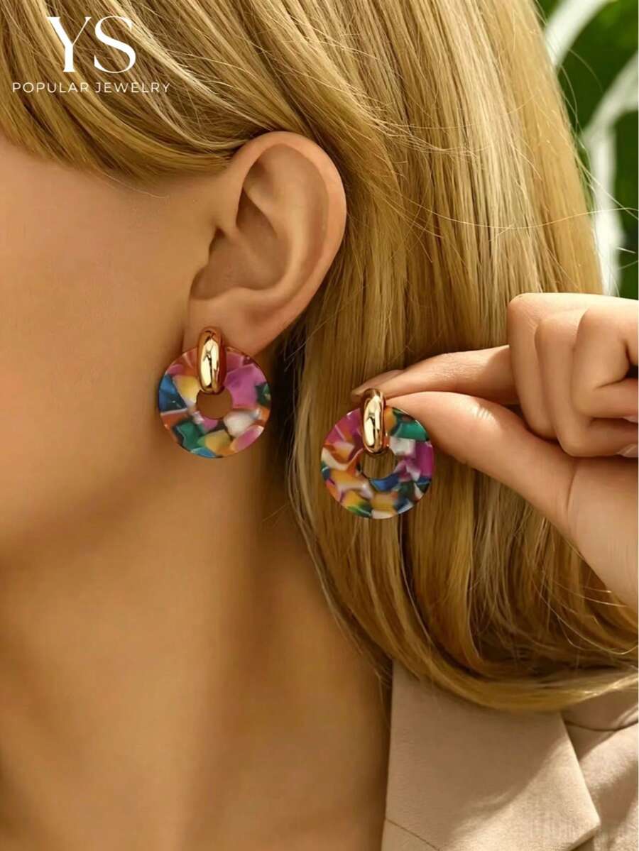 1pair Fashionable Acetate Round Circle Earrings, Colorful Elegant Stud Earrings For All Seasons, Daily Jewelry Accessory For Women - Colorful - View 1